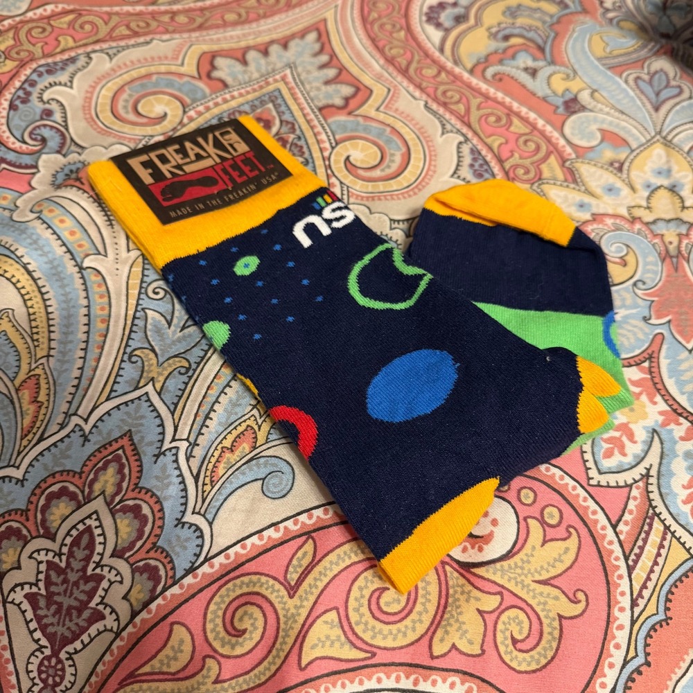 Freaker Feet Dancing Night 2024 Crew Socks Navy Blue Yellow Made in USA NEW